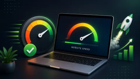 Laptop screen showing website speed speedometer alongside a green rocket booster and growth chart.