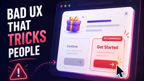 Graphic illustrating bad user experience and dark patterns with a deceptive pop-up window tricking users to click Get Started.