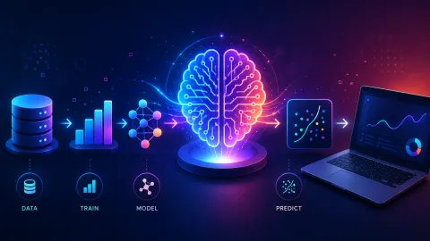 Infographic diagram showing the machine learning workflow stages from data and training to model and predict.