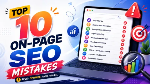 Infographic checklist of the top 10 on-page SEO mistakes displayed on a laptop screen with red error marks and warning symbols.
