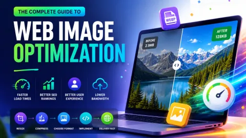 Infographic cover for a web image optimization guide showing file compression from 2.9 megabytes to 128 kilobytes on a laptop screen.